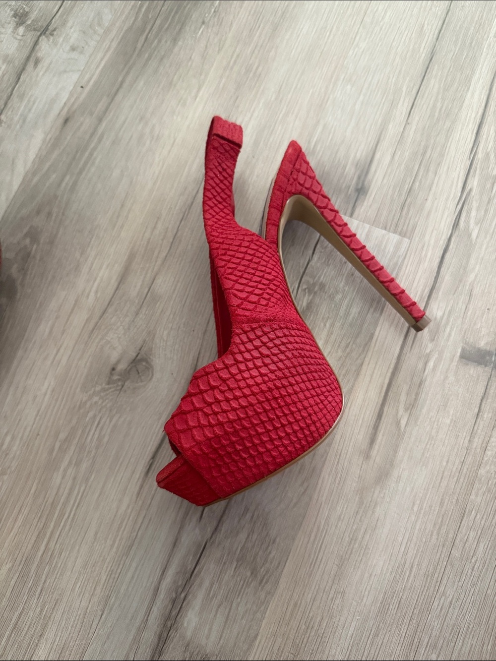 Red Textured Peep-Toe High Heel Slingback - Women Shoes